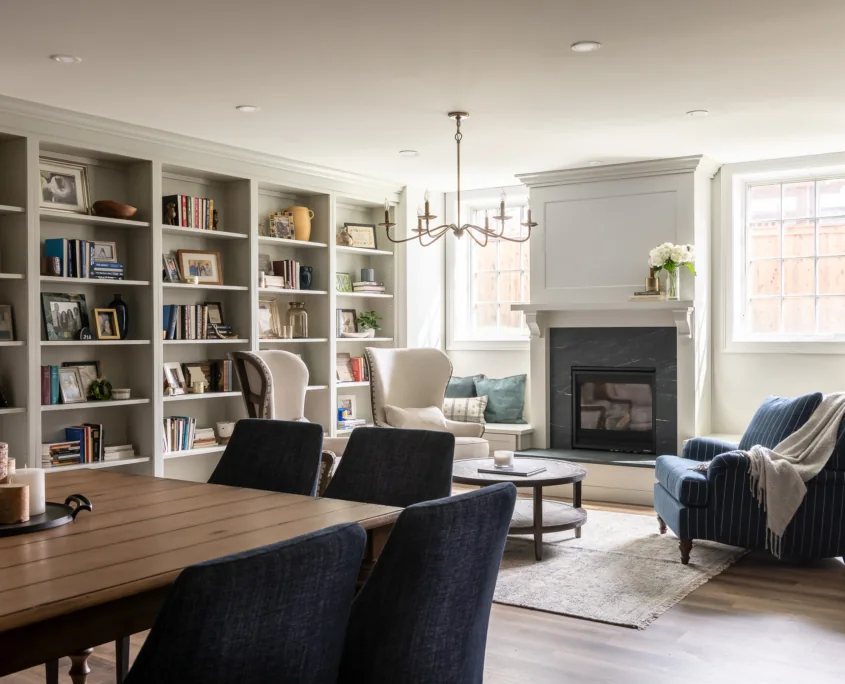 Open dining room with built-in shelving