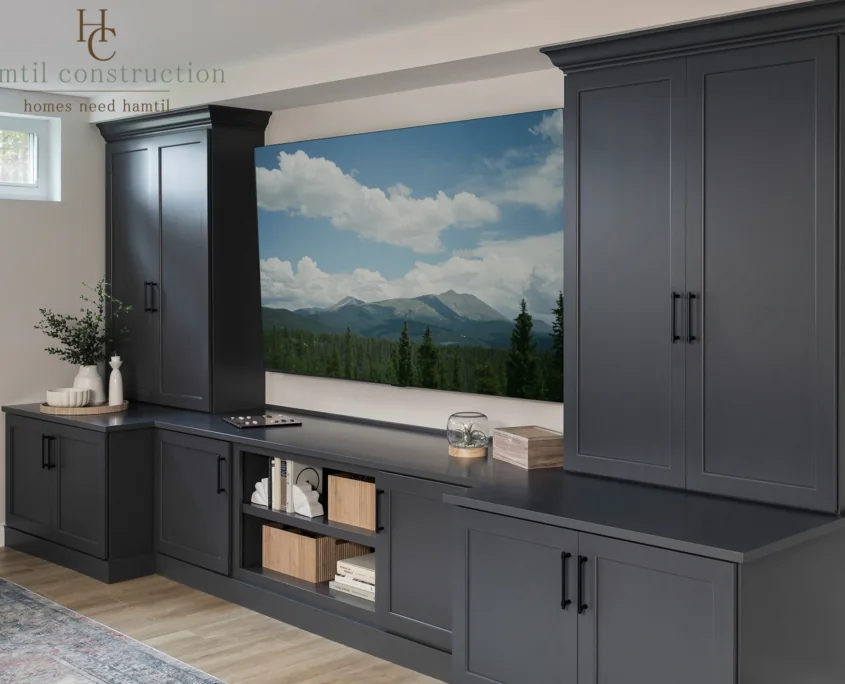 Blue custom cabinetry in a finished room